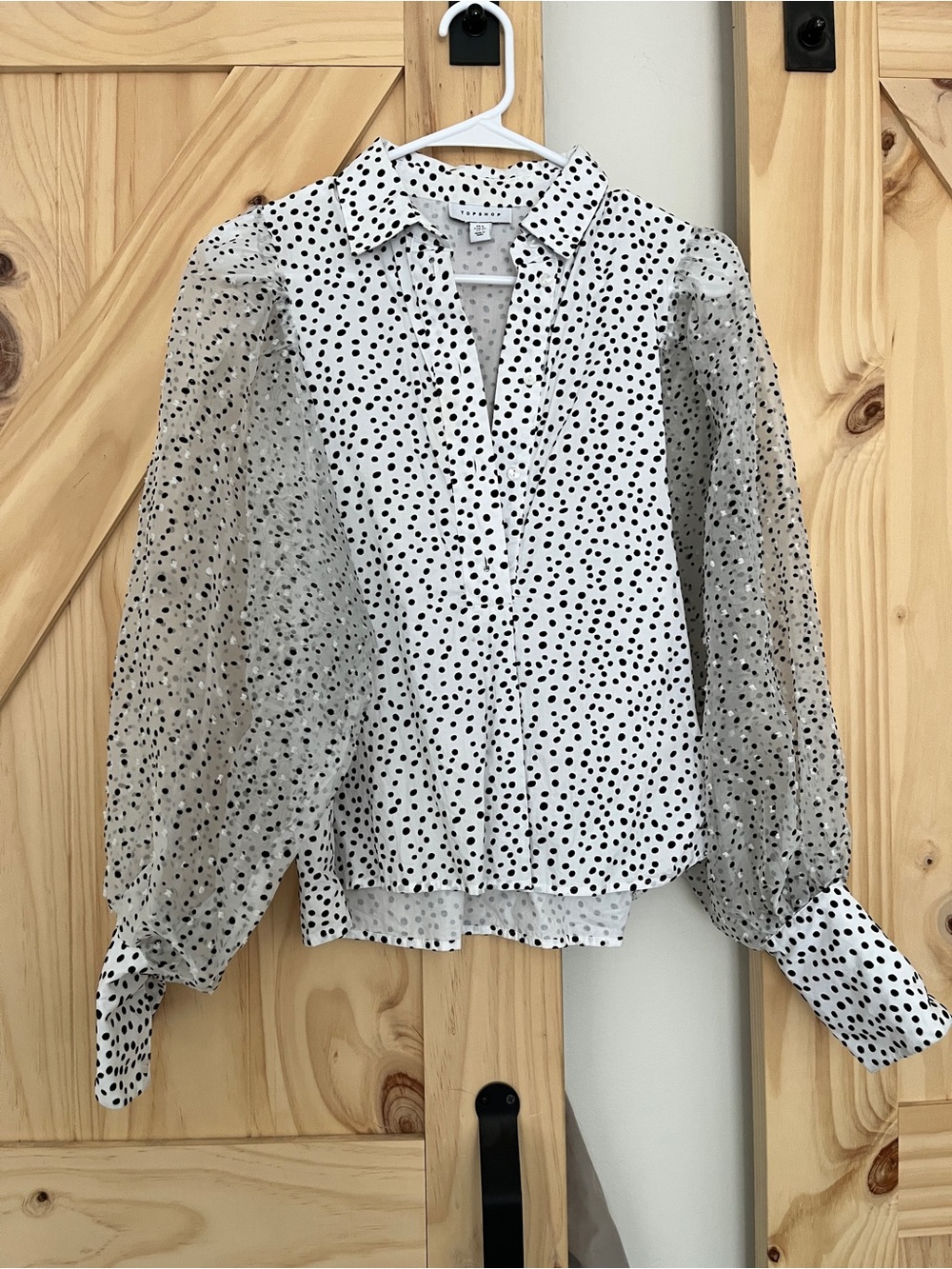 TOPSHOP WHITE BLACK POLKA DOT SHEER BALLOON SLEEVE BLOUSE US 2
